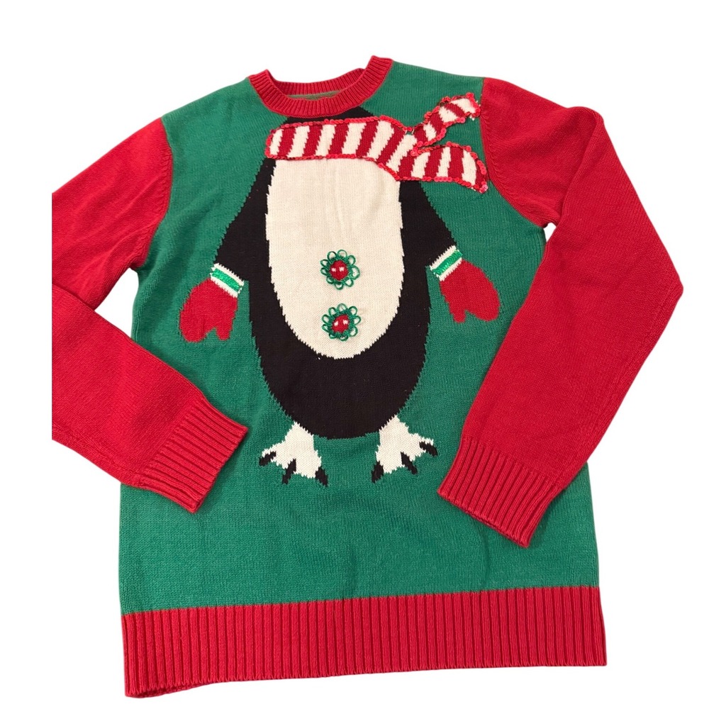 Ugly Christmas Sweater Penguin Scarf Mitten Sequin Detail Green Red‎ Small